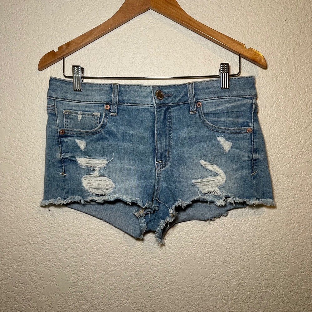 American Eagle Womens 8 Shortie Shorts Denim Micro Mini Frayed‎ Hem Light Wash